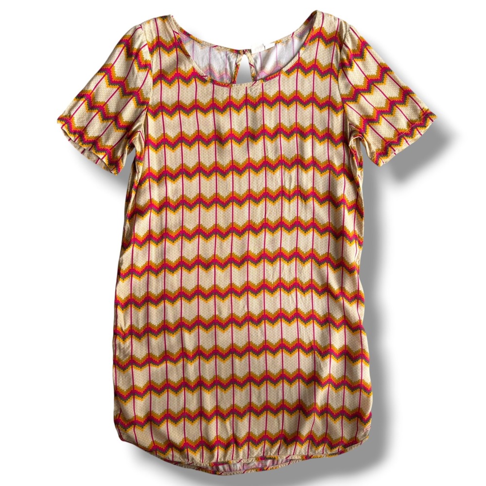 Roxy Women's S Gold Pink Geometric Chevron Short Sleeve Shift Dress Y2K Beachy